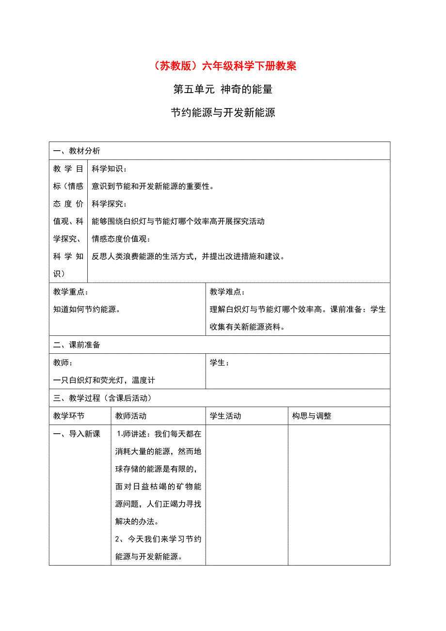 六年级下科学教案《节约能源与开发新能源》教案1苏教版（三起）_第1页