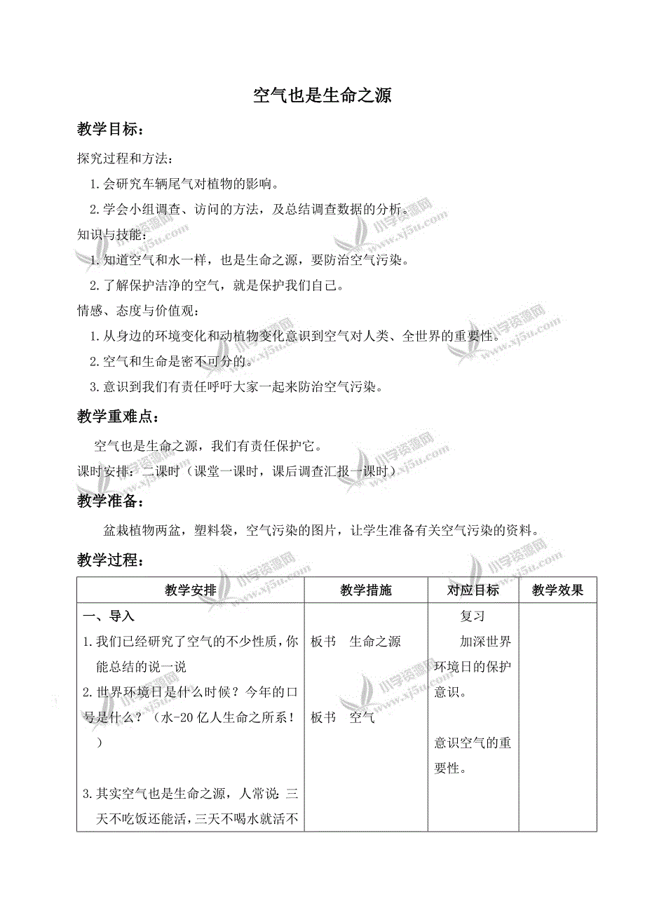 【苏教版】四年级科学上册教案空气也是生命之源_第1页