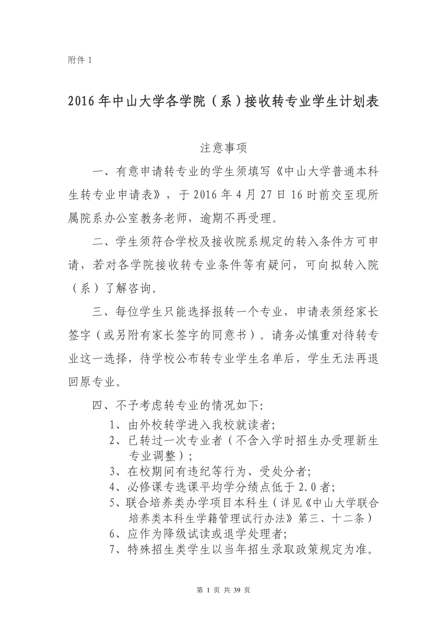 2016年中山大学各院系接收学生转专业学生计划表_第1页