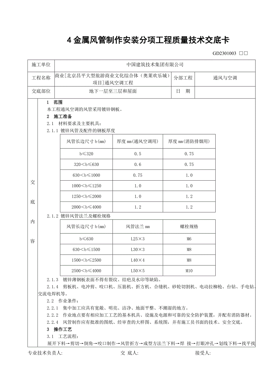 03-01金属风管制作安装分项工程质量技术交底卡_第1页