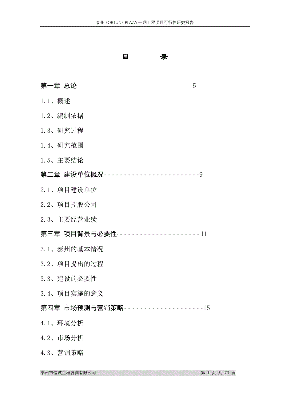 江苏泰州fortuneplaza一期工程项目可行性研究报告_第1页