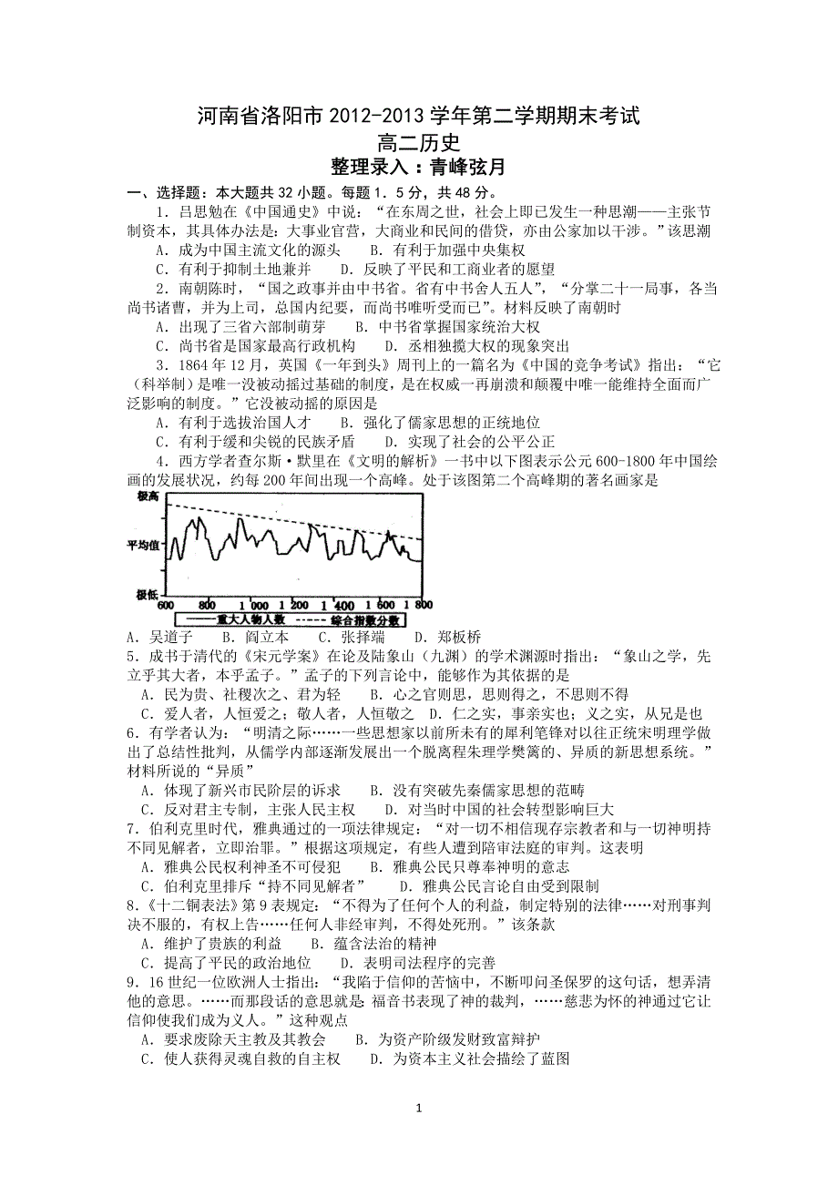 河南省洛阳市2012-2013学年第二学期期末考试高二历史word整理录入_第1页