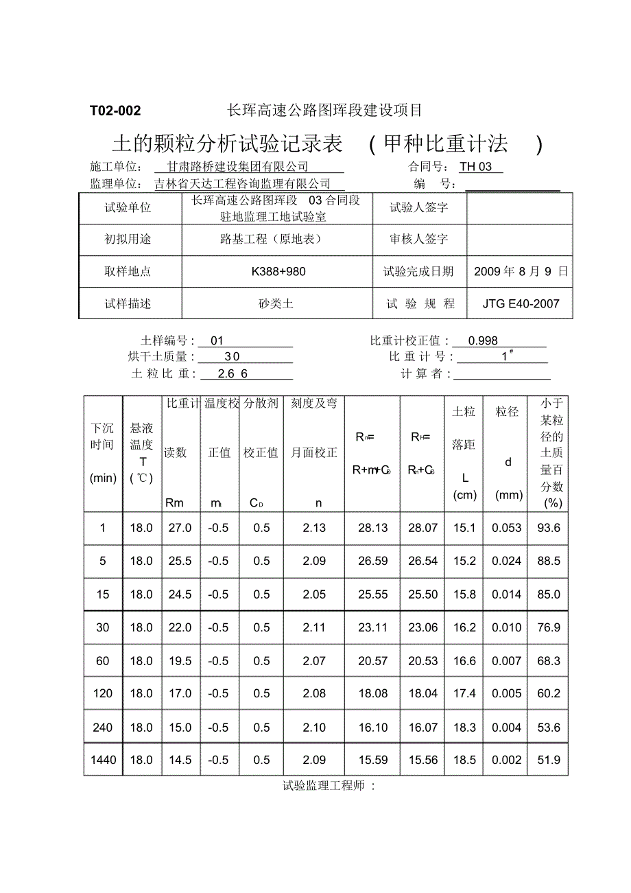 T02-002土的颗粒分析试验记录表(甲种比重计法)_第1页