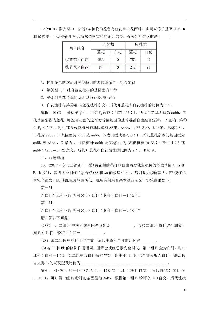 2019版高考生物一轮复习第二部分遗传与进化第一单元遗传的基本规律与伴性遗传课时跟踪检测基因自由组合定律的遗传特例_第5页