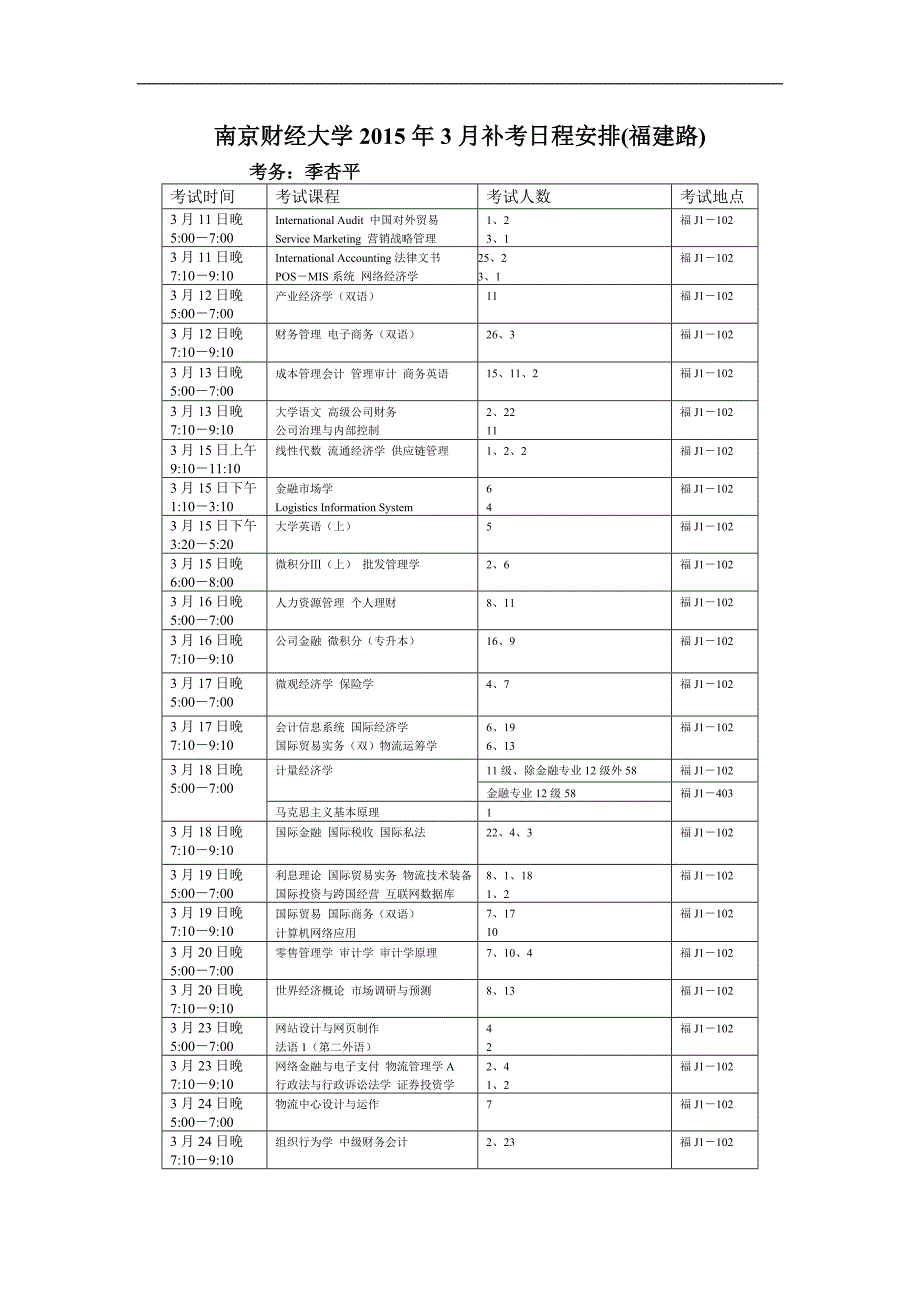 南京财经大学2015年3月补考日程安排(福建路)_第1页