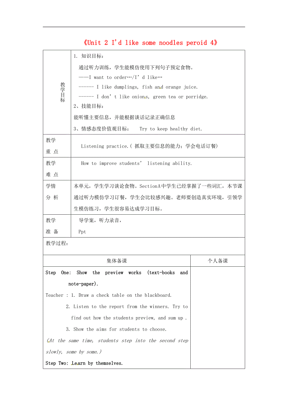 山东省淄博市临淄区第八中学2018年七年级英语上册《unit2i'dlikesomenoodlesperiod4》教案鲁教版五四制_第1页