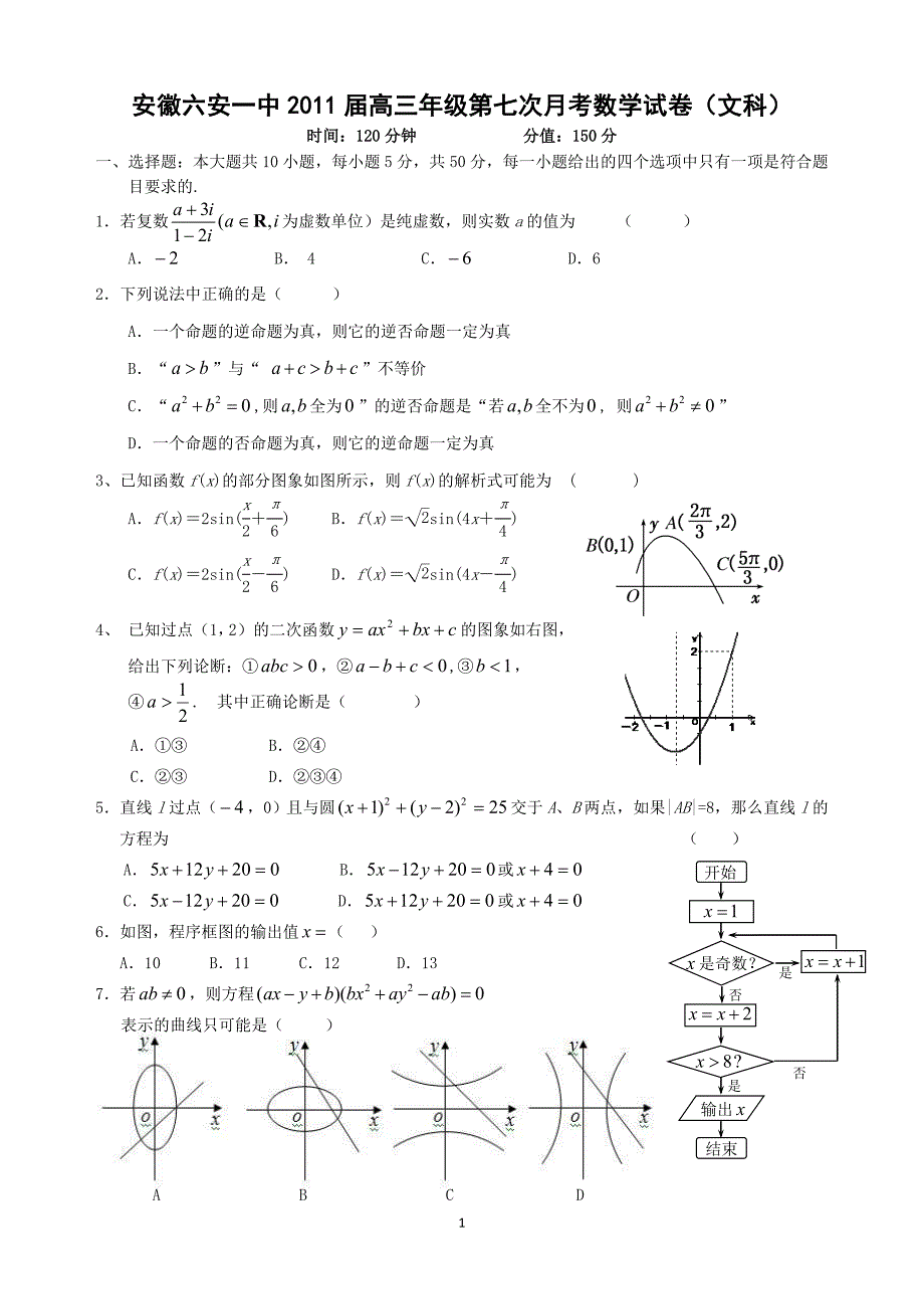 安徽2011届高三年级第七次月考数学试卷(文)_第1页