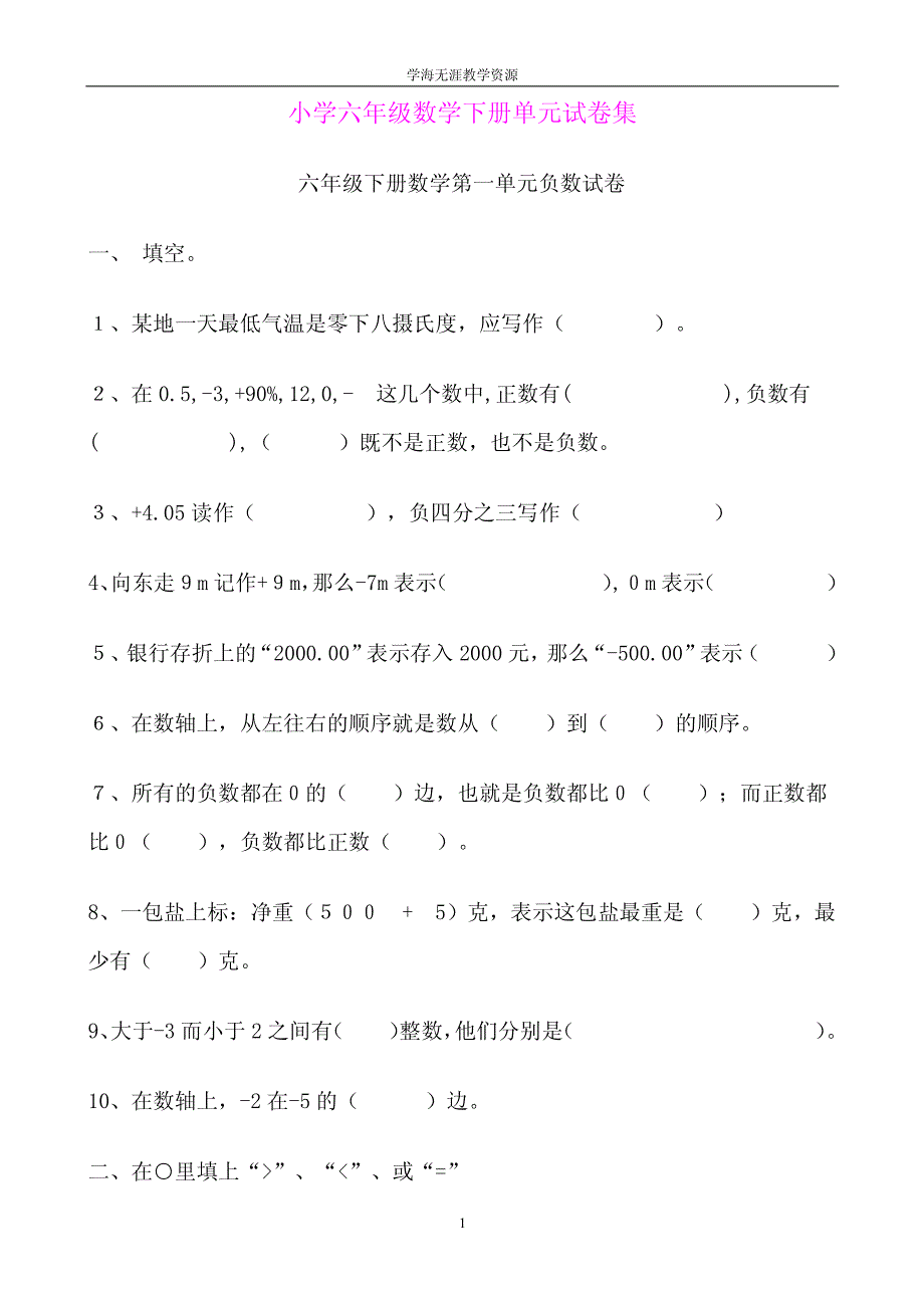 小学六年级数学下册单元试卷集doc_第1页