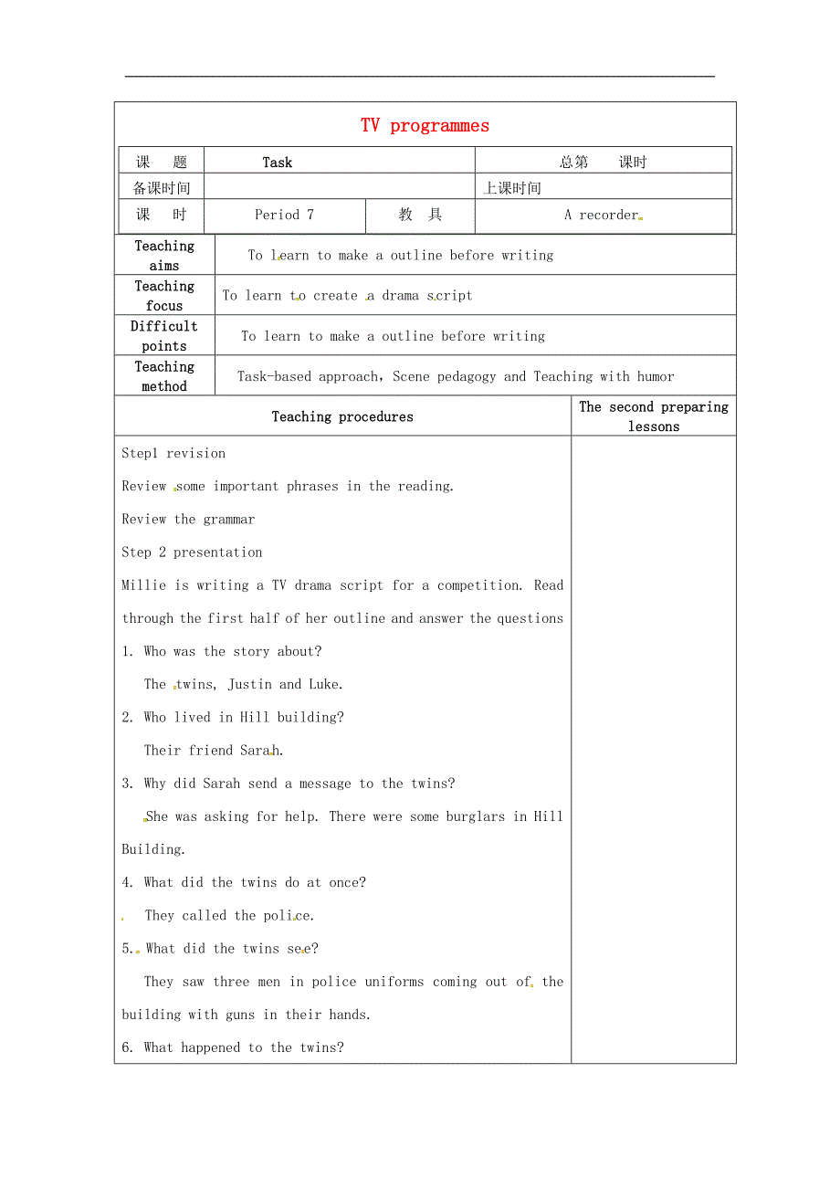 江苏省仪征市第三中学2017-2018年九年级英语上册unit6tvprogrammestask教案（新版）牛津版-副本_第1页