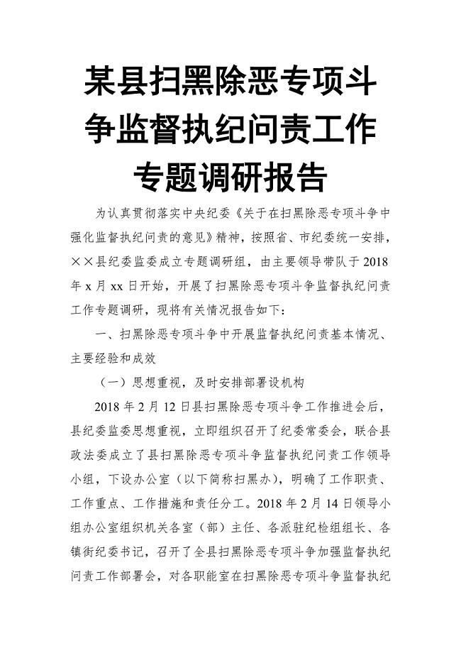 某县扫黑除恶专项斗争监督执纪问责工作专题调研报告