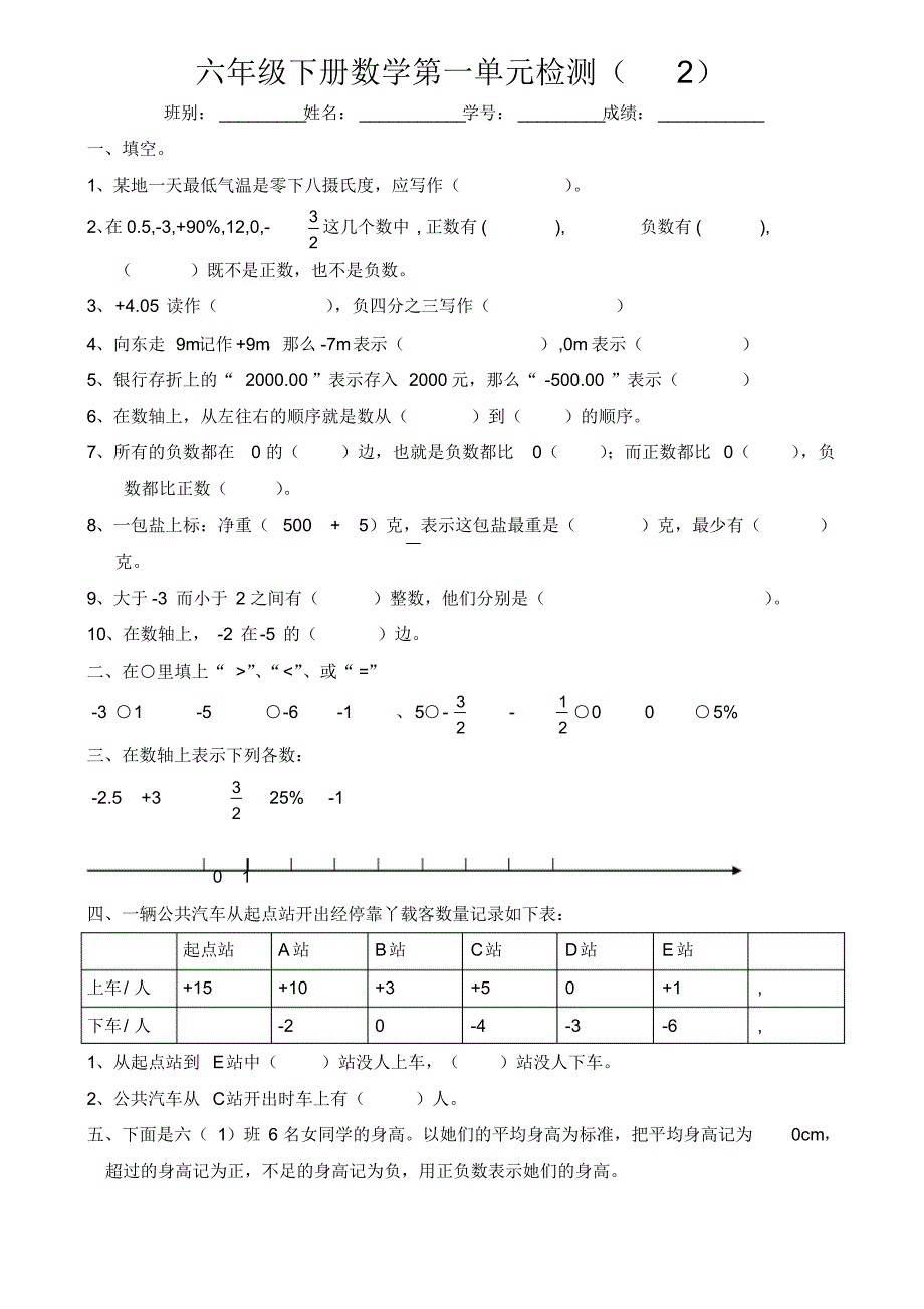 六年级下册数学第一单元(负数)练习试卷2_第1页