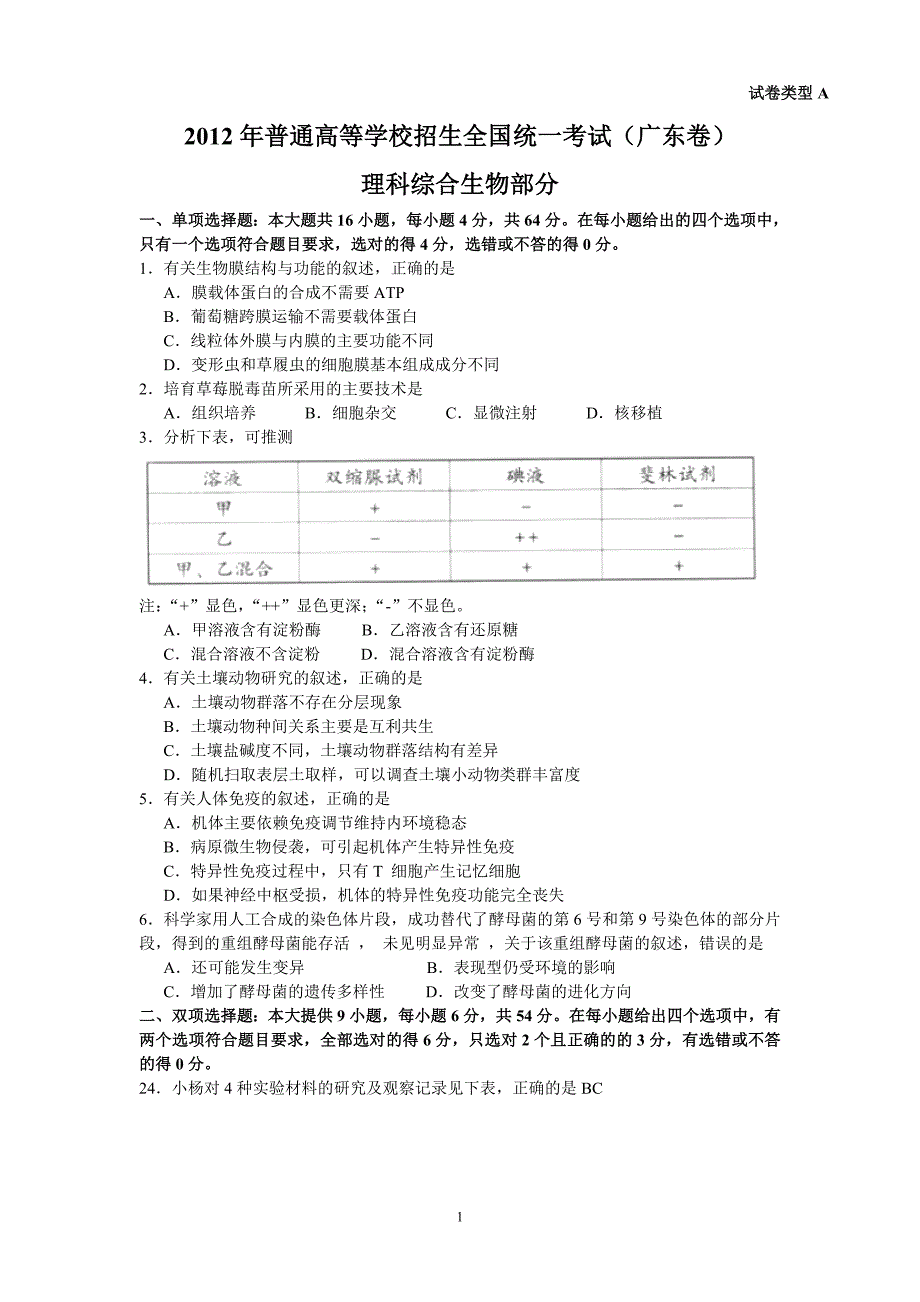 2012年普通高等学校招生全国统一考试(广东卷)a卷理科综合生物部分_第1页