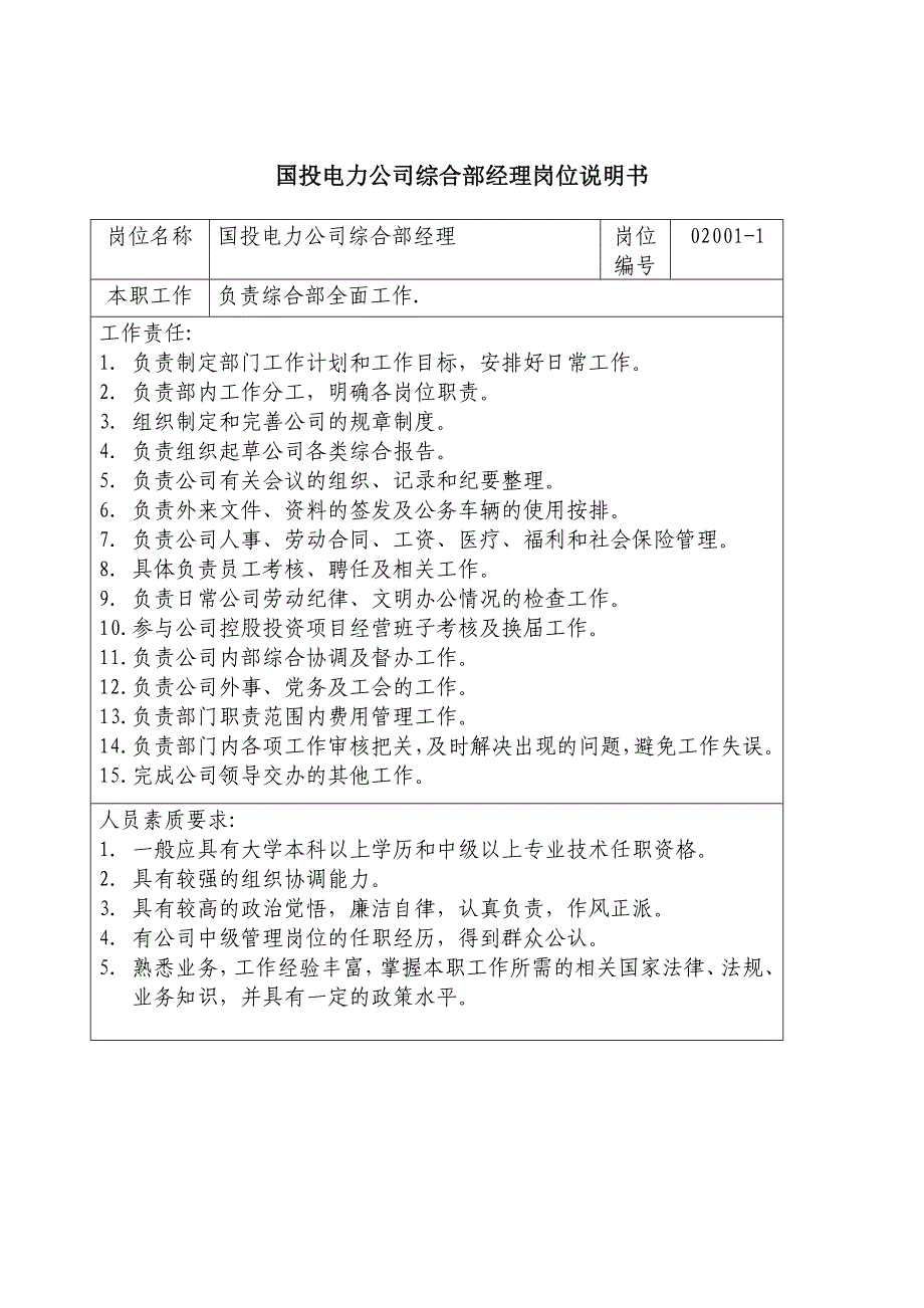 电力公司综合部经理岗位说明书_第1页