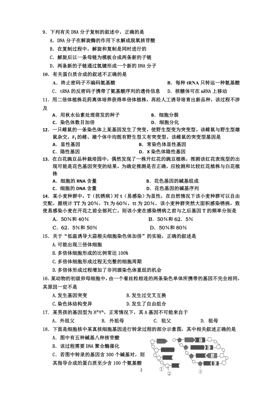 2012年2月广绕一中高二生物必修二模块检测试题_第2页