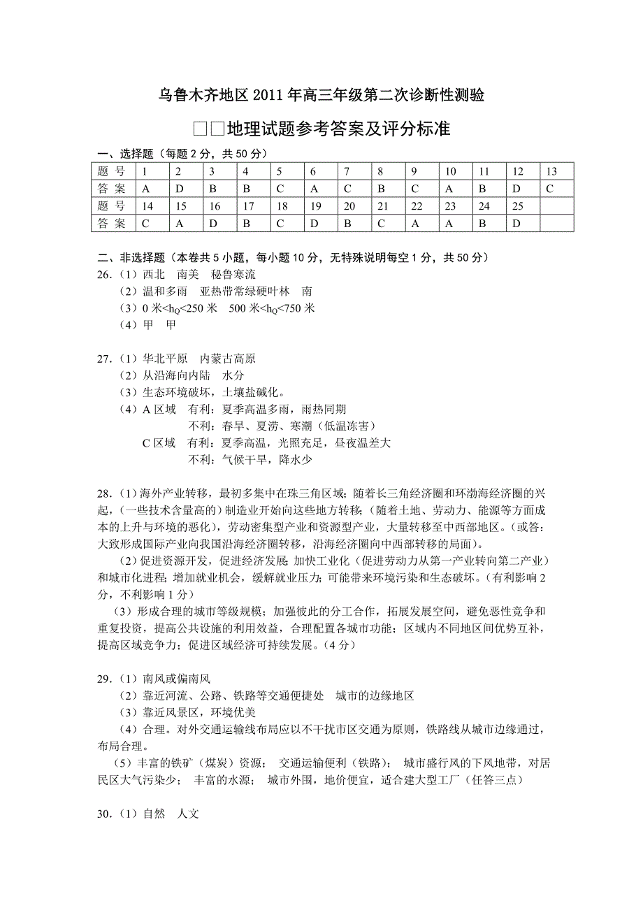 2011年乌鲁木齐高三二模地理答案_第1页