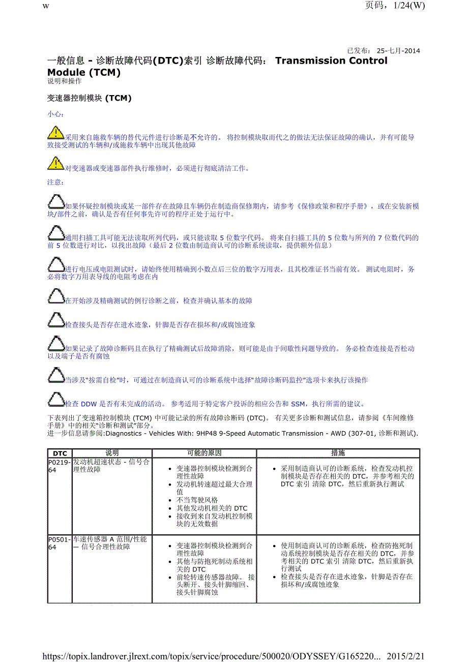 2015年路虎发现神行transmissioncontrolmodule(tcm)诊断故障代码(dtc)索引_第1页