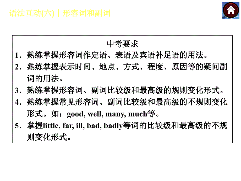 2015中考复习方案（新课标北京）2015届九年级英语复习语法专题突破课件语法互动六形容词和副词（共19张ppt）_第2页