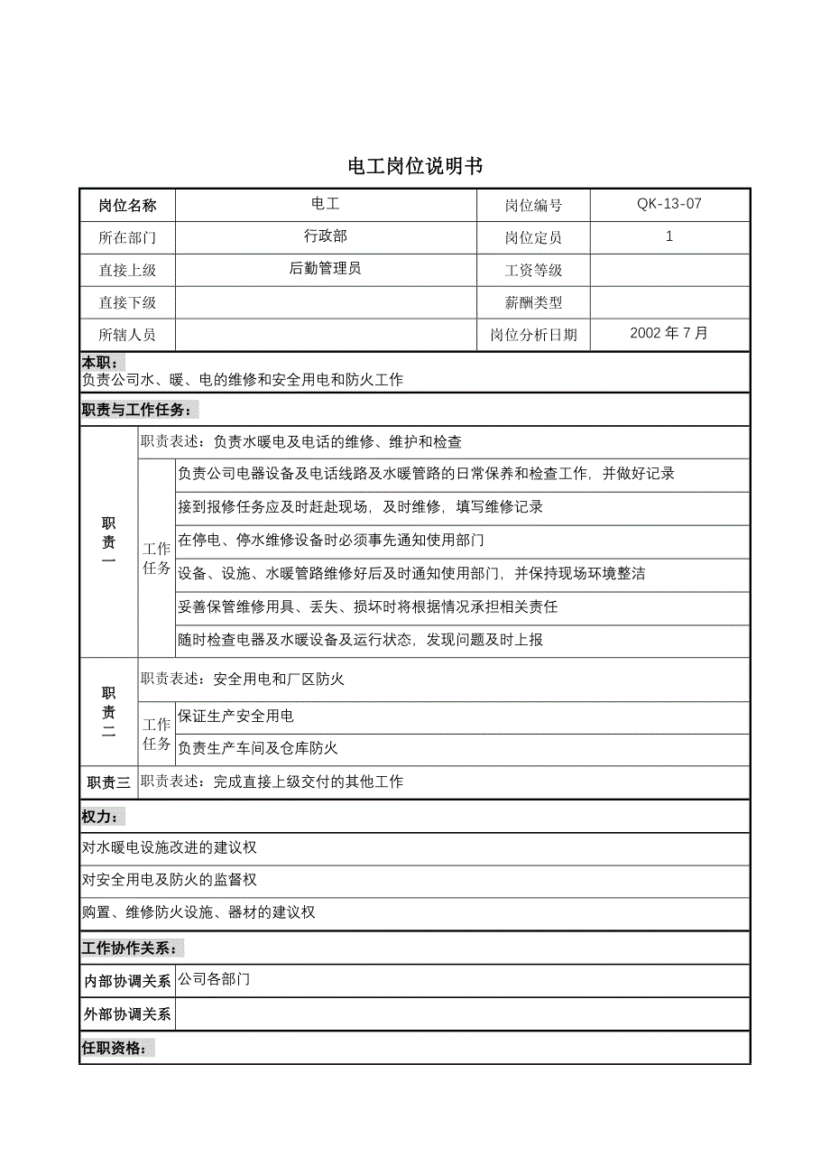 材料行业行政部电工岗位说明书_第1页