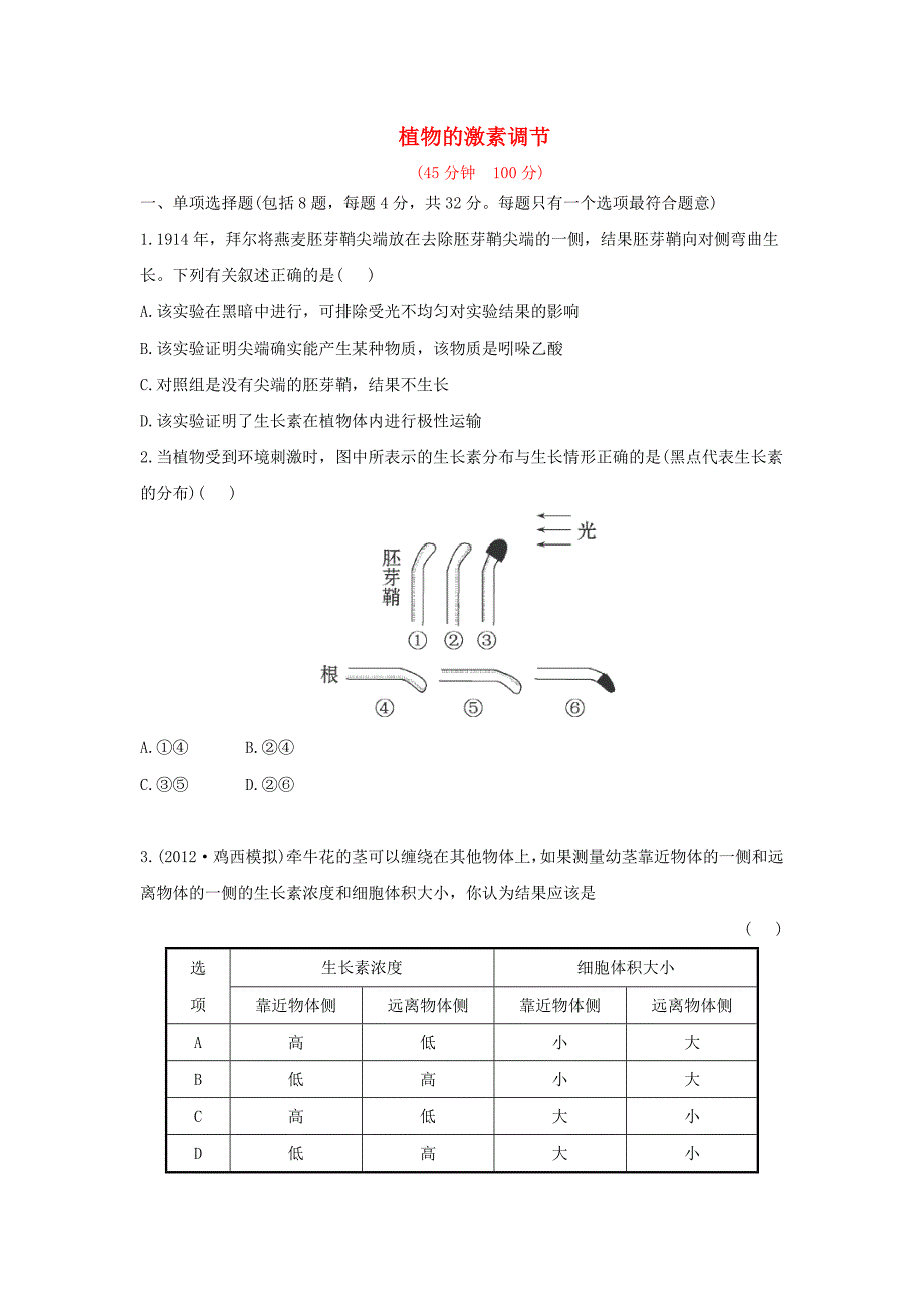 2014届广东高考生物总复习同步课时训练：《植物的激素调节》（新人教版必修3）_第1页