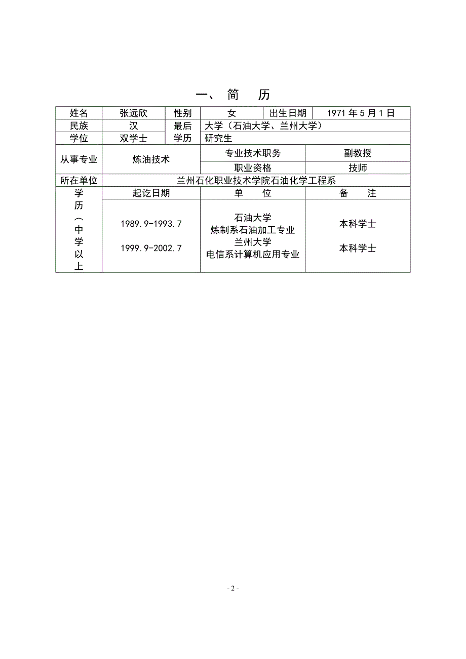 2010年青年教师成才奖候选人张远欣申报表-甘肃省高等学校青年教师成才奖_第2页