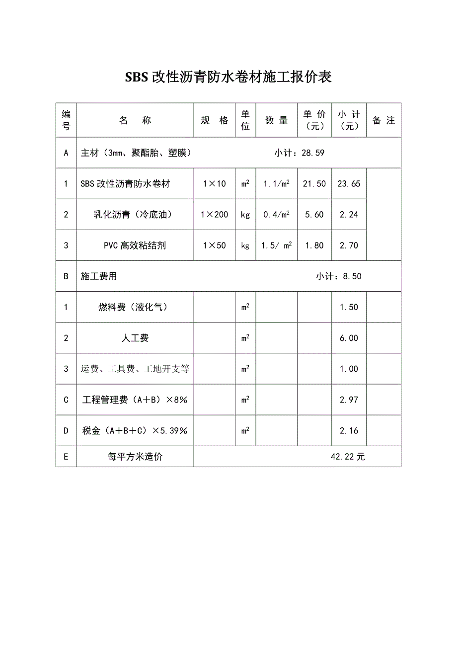 sbs施工报价表_第1页