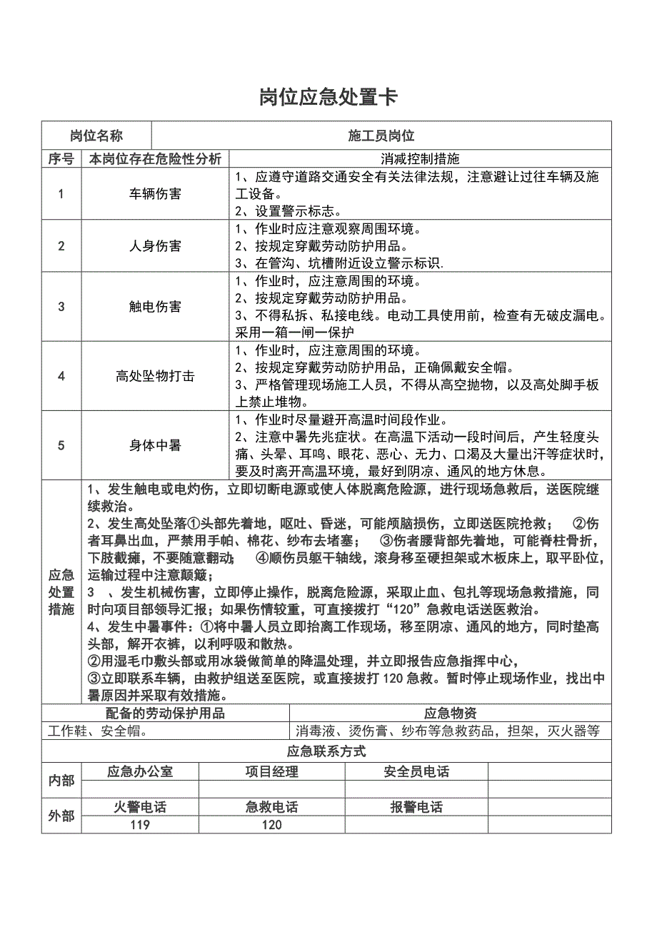 重点岗位应急处置卡（施工单位）_第2页