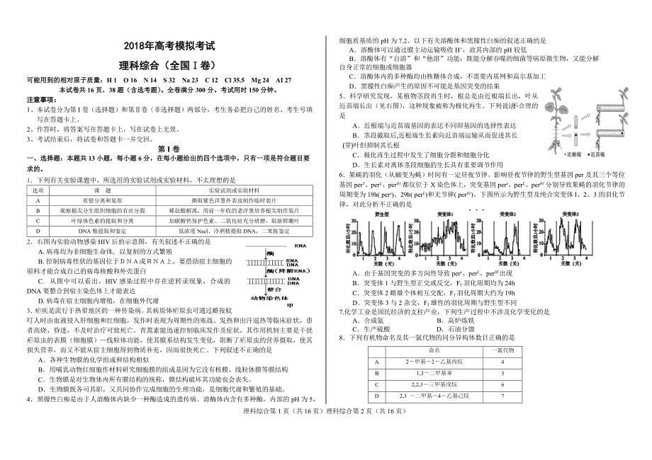 2018年高考模拟考试理科综合试题_第1页