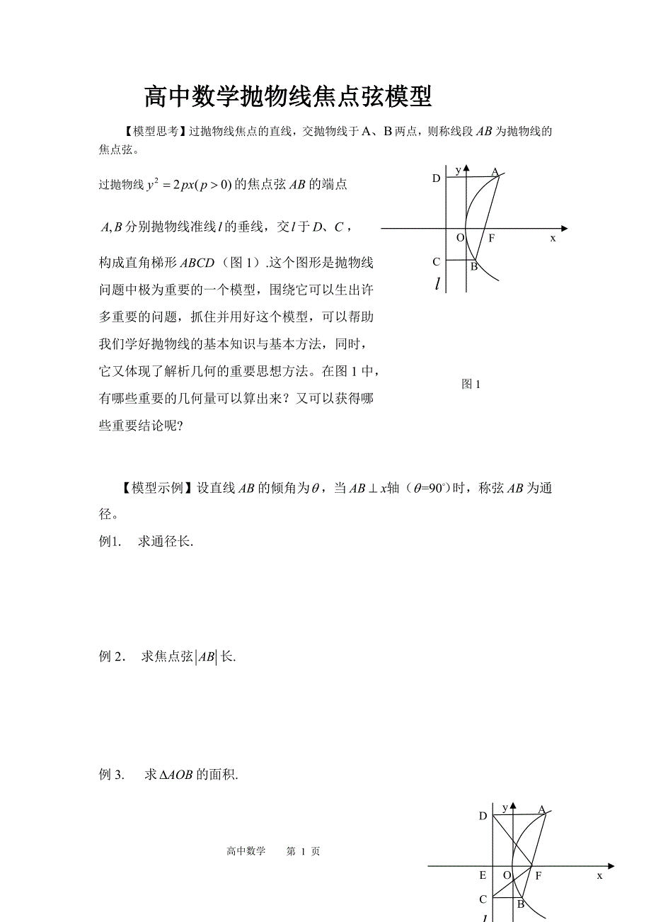 高考推荐资料------高中数学抛物线焦点弦模型_第1页