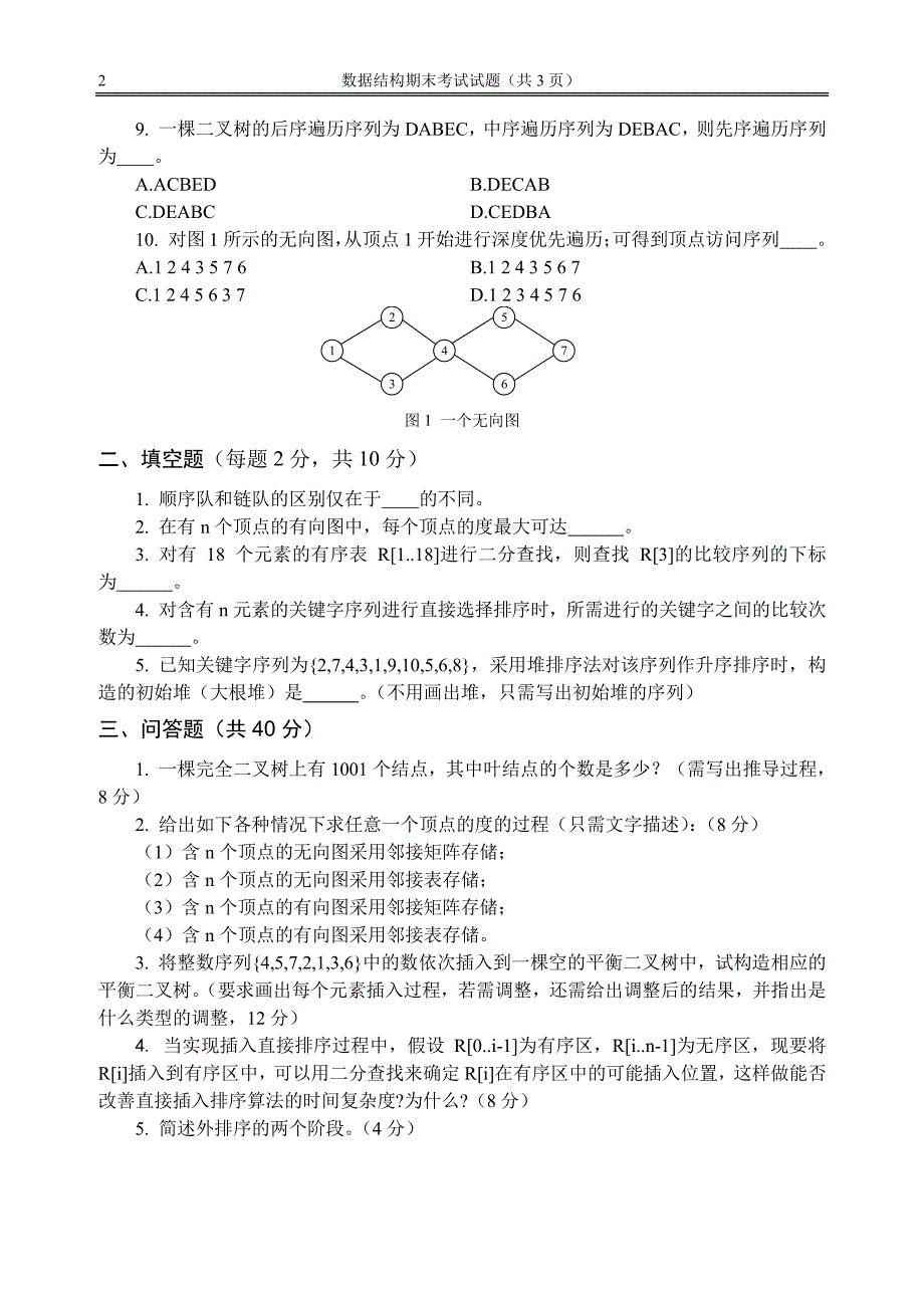 【考研计算机专业课】武汉大学期末试题数据结构2007_第2页