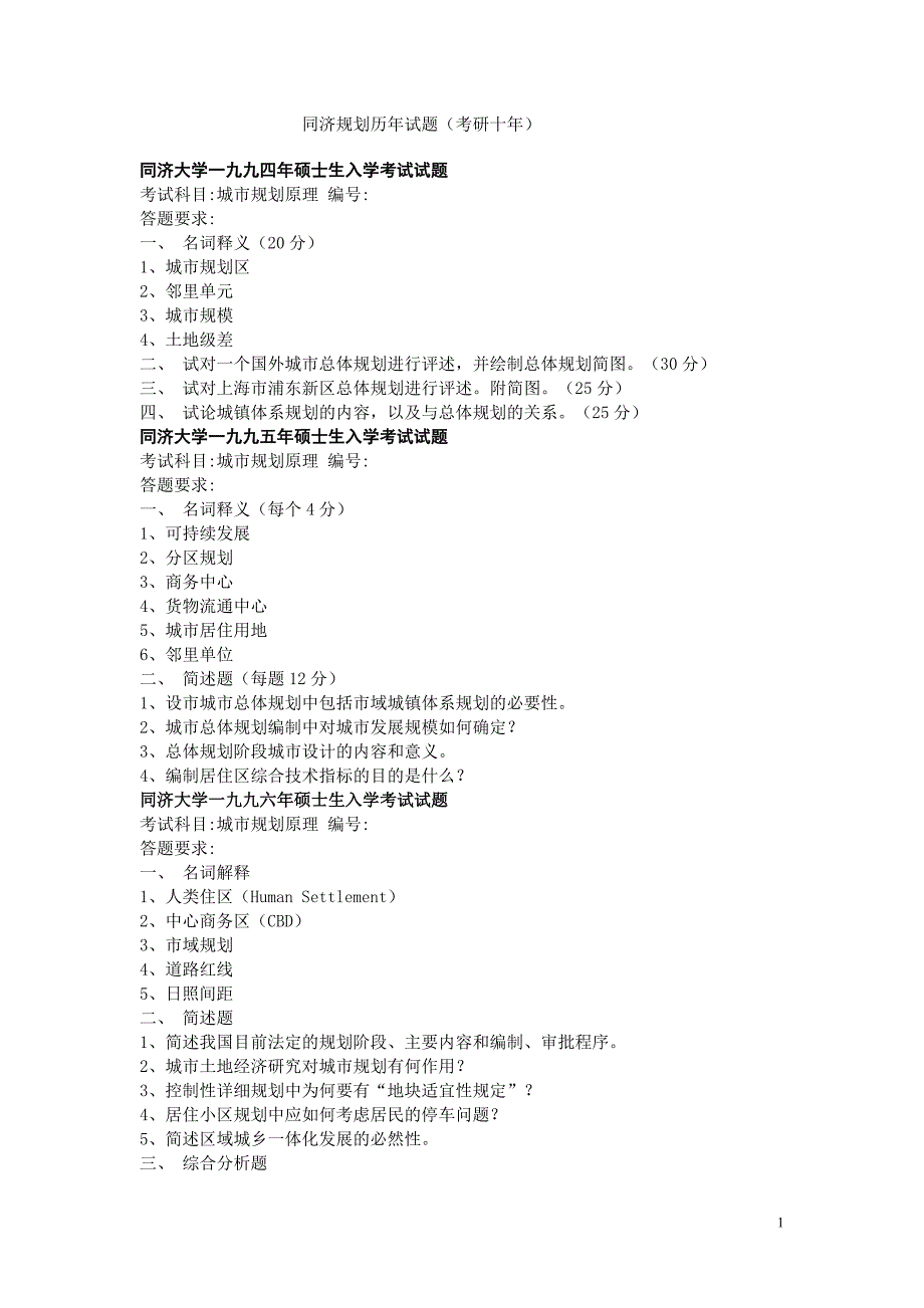 部分高校城市规划原理+城建史考研真题精粹_第1页