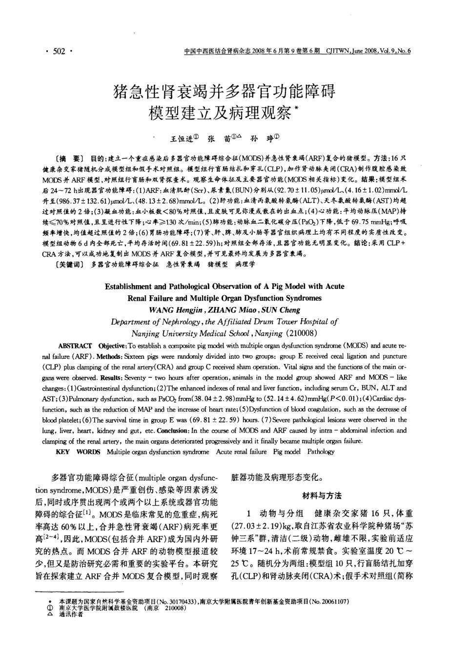 猪急性肾衰竭并多器官功能障碍模型建立及病理观察_第1页