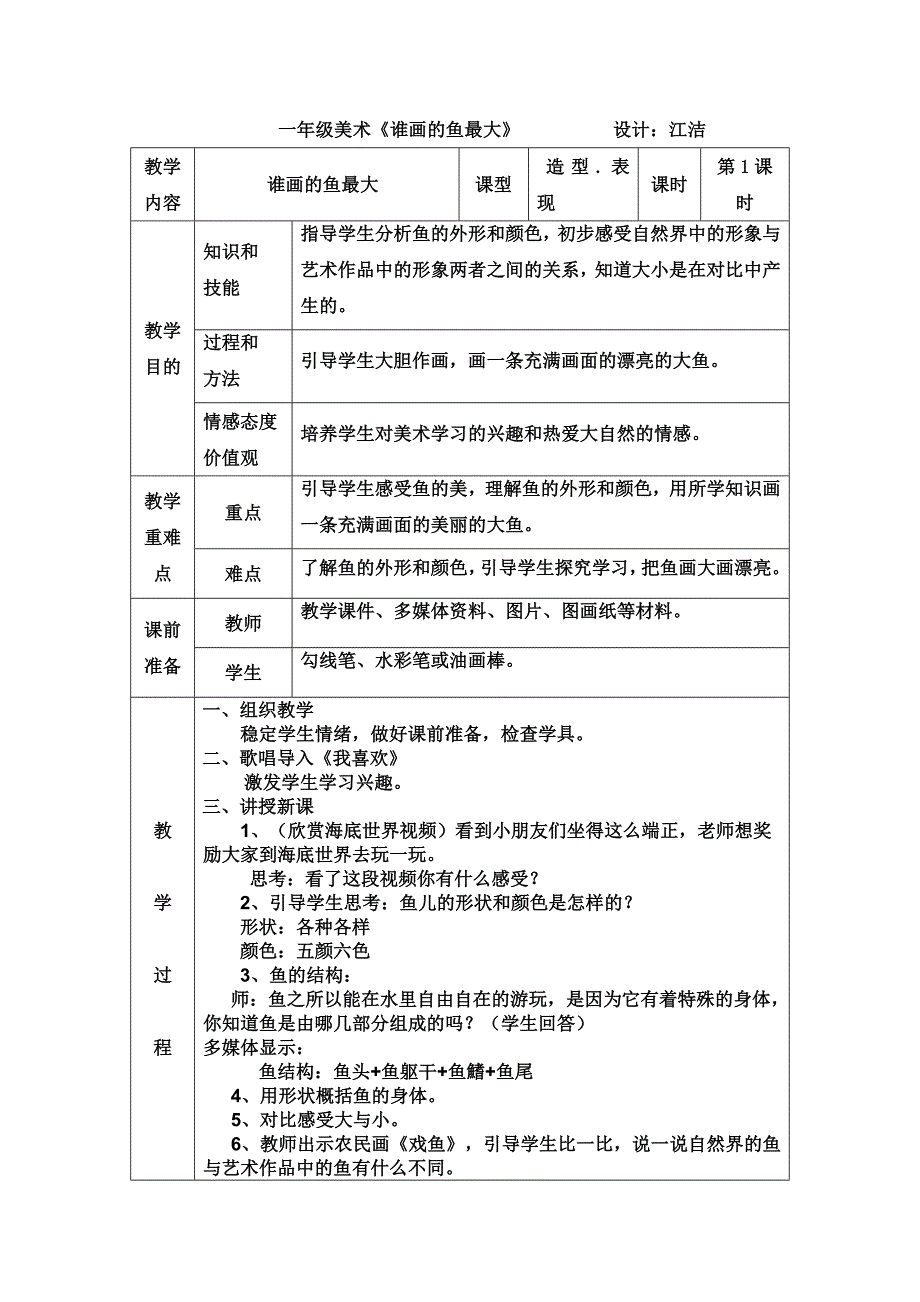 人美版一年级上美术教案17谁画的鱼最大8_第1页