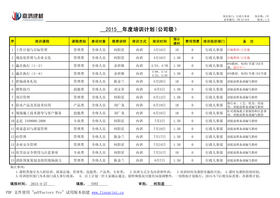 2015年度培训计划(公司级)_第1页