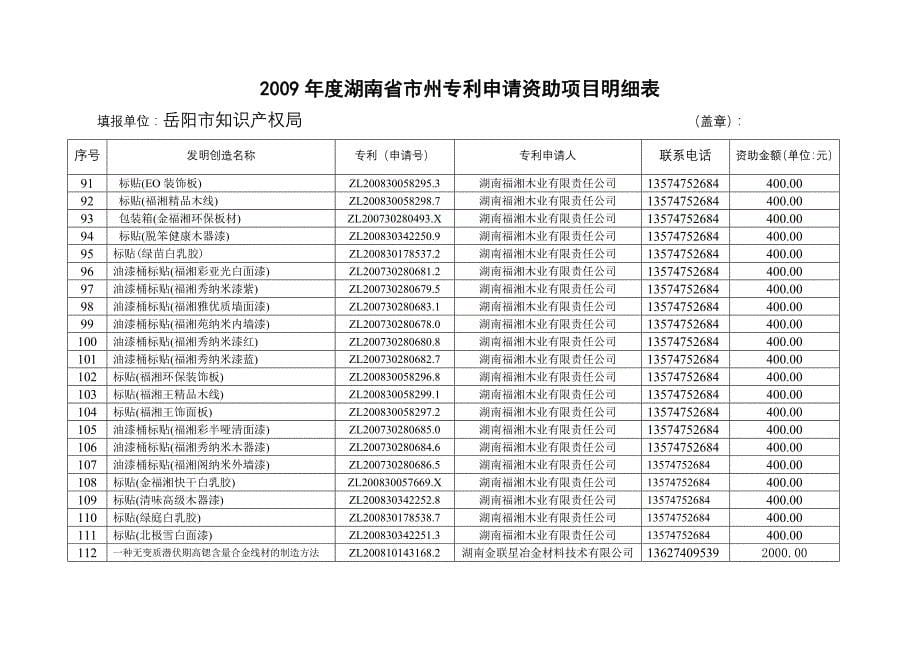 2009年度湖南省市州专利申请资助项目明细表_第5页