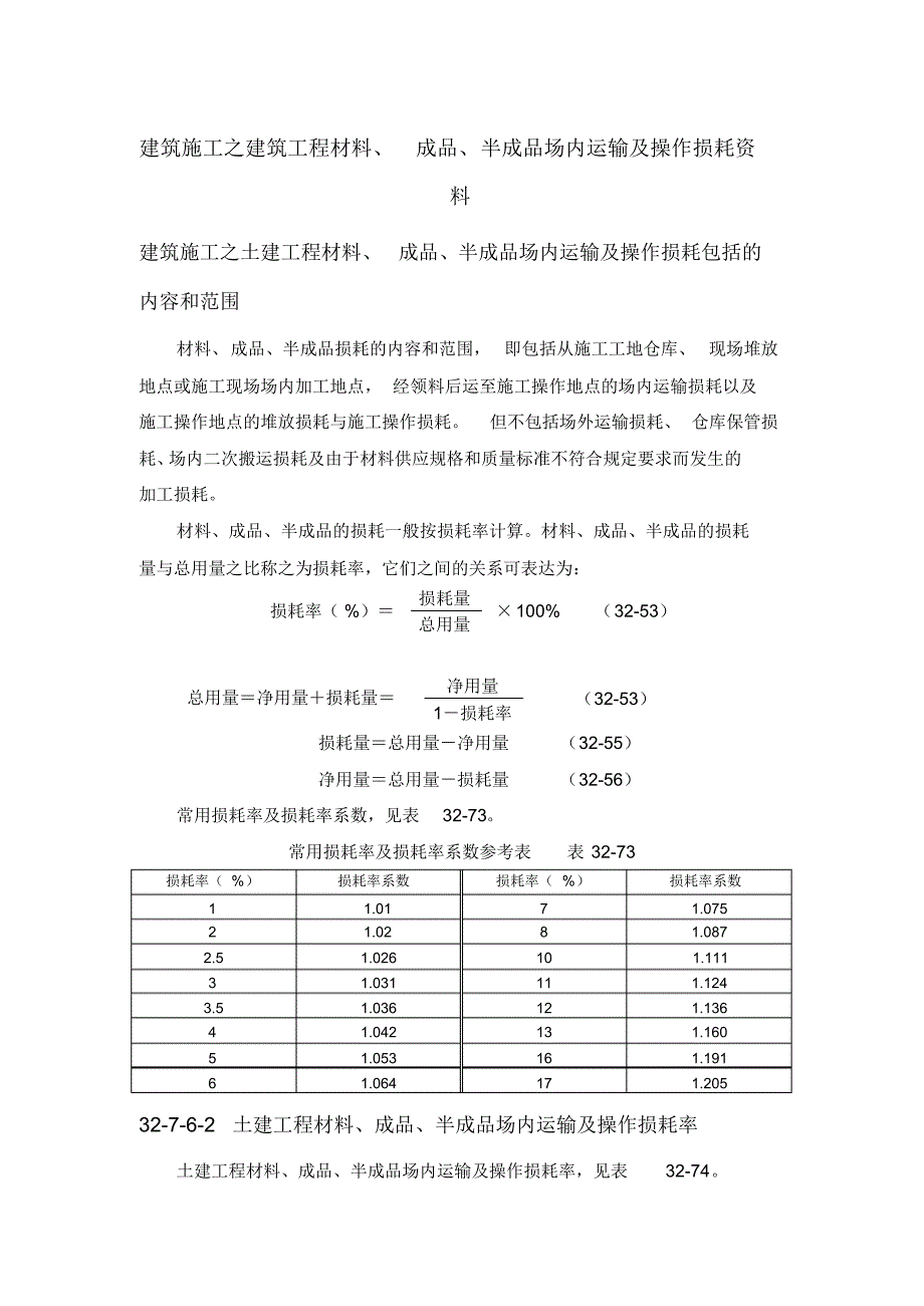 建筑施工之建筑工程材料、成品、半成品场内运输及操作损耗资料_第1页