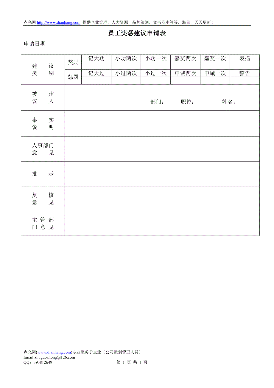 员工奖惩建议申请表（一）_第1页