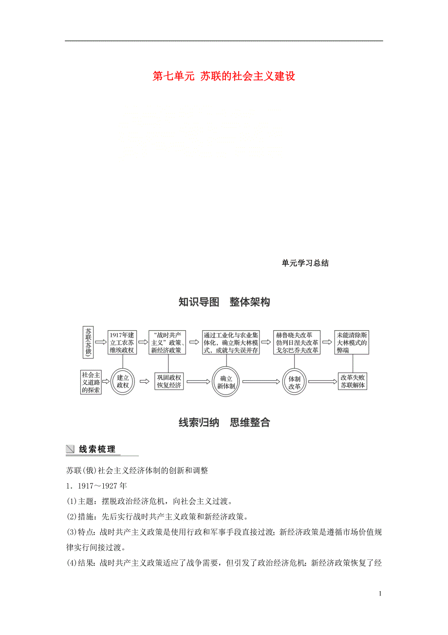 江苏专版2017_2018学年高中历史第七单元苏联的社会主义建设单元学习总结学案新人教版必修_第1页