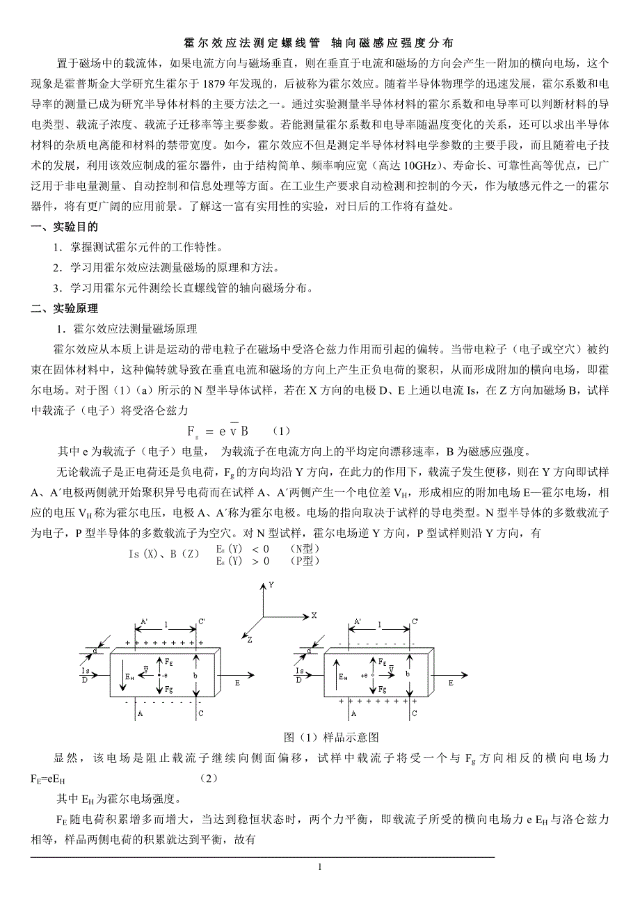 霍尔效应法测定螺线管轴向磁感应强度分布_第1页