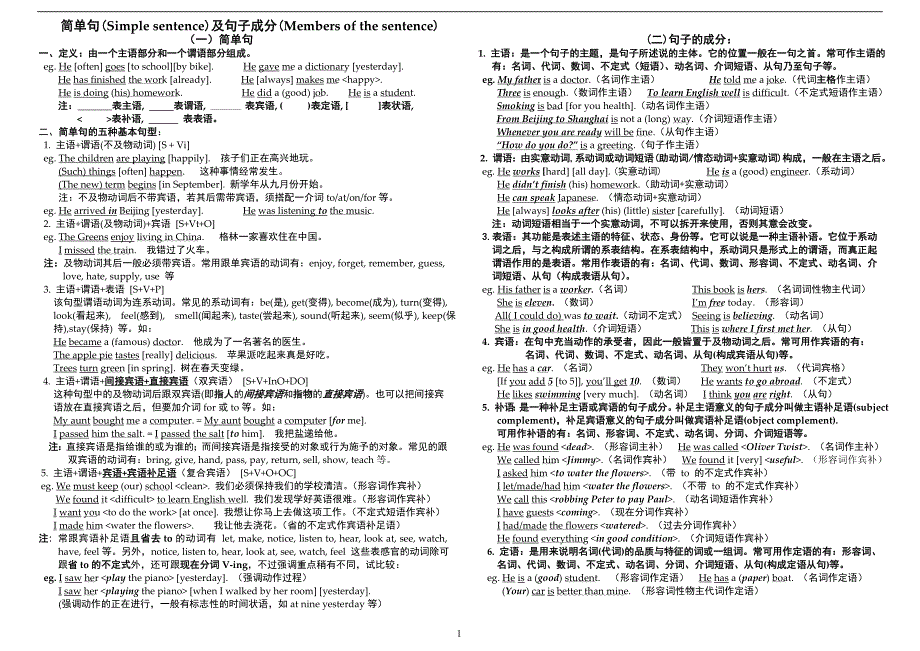 句子成分及简单句,并列句,复合句_第1页