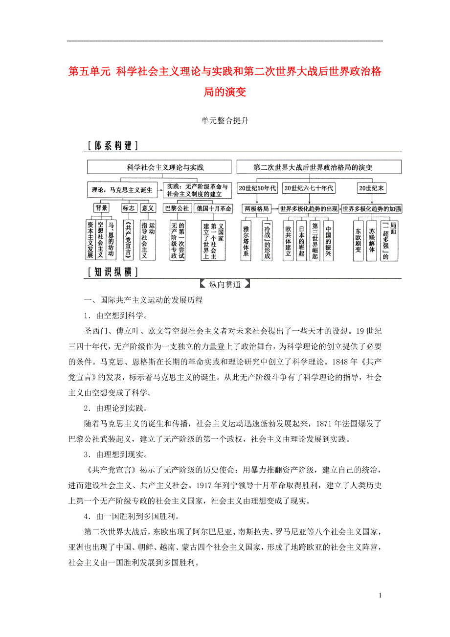 2019版高考历史总复习第五单元科学社会主义理论与实践和第二次世界大战后世界政治格局的演变单元整合提升学案_第1页