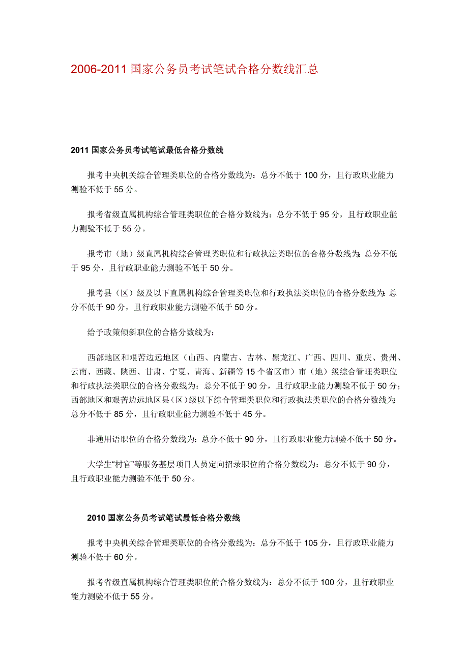 2006-2011国家公务员考试笔试合格分数线汇总_第1页