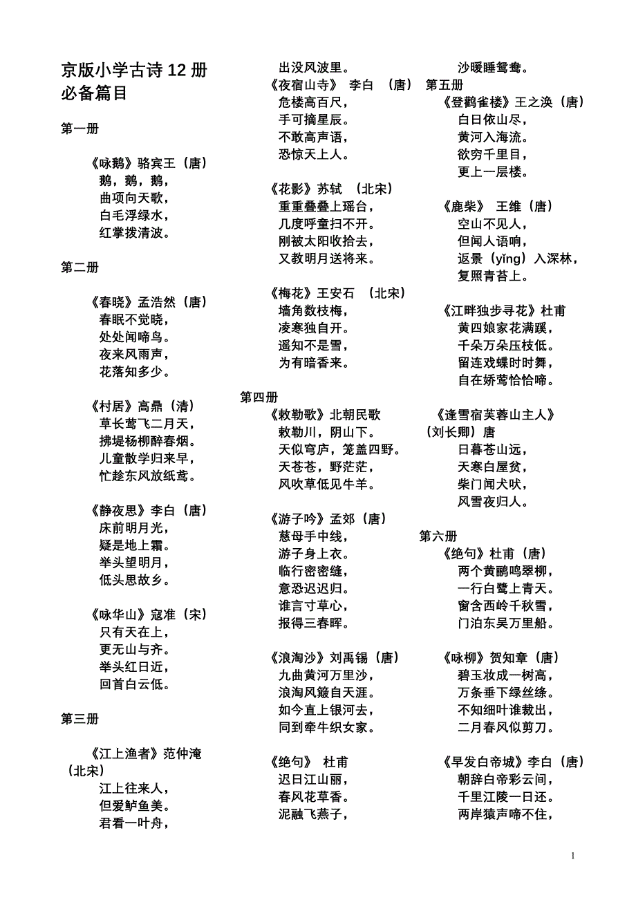 京版小学古诗12册必备篇目_第1页