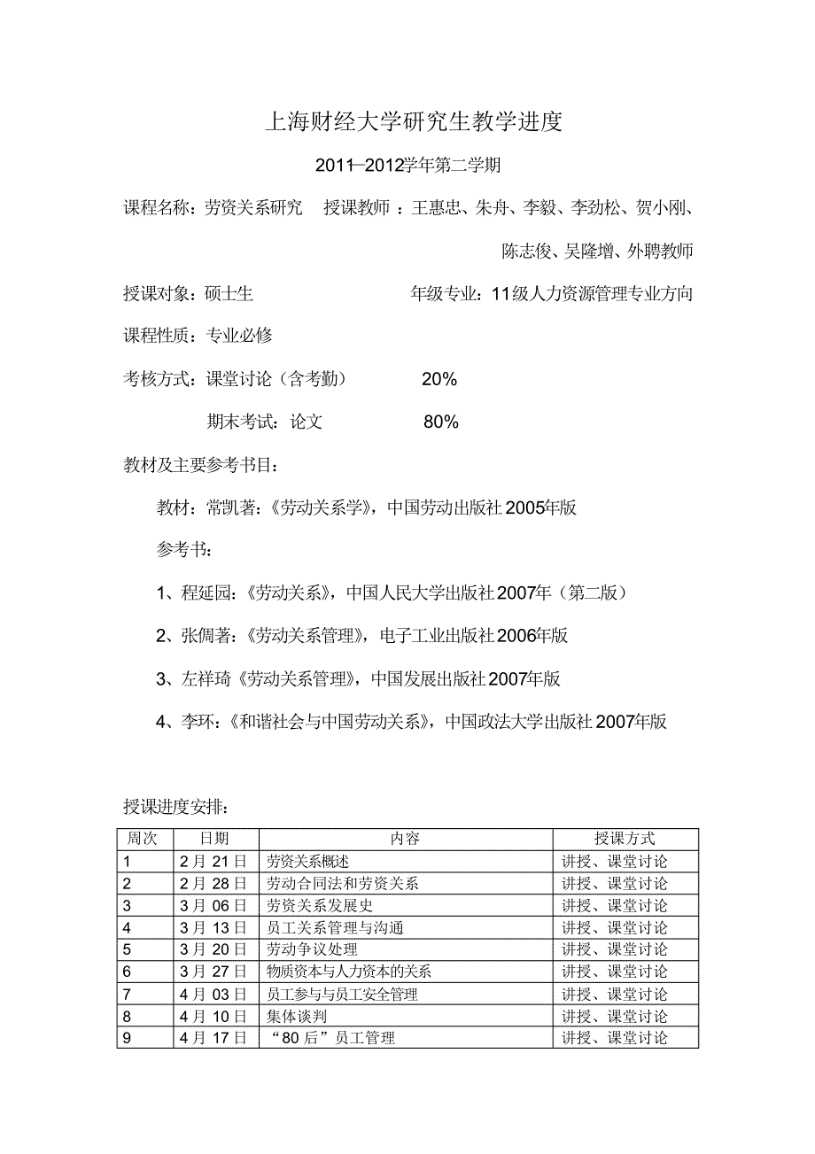 研究生教学进度表11—12二学期劳资关系研究_第1页