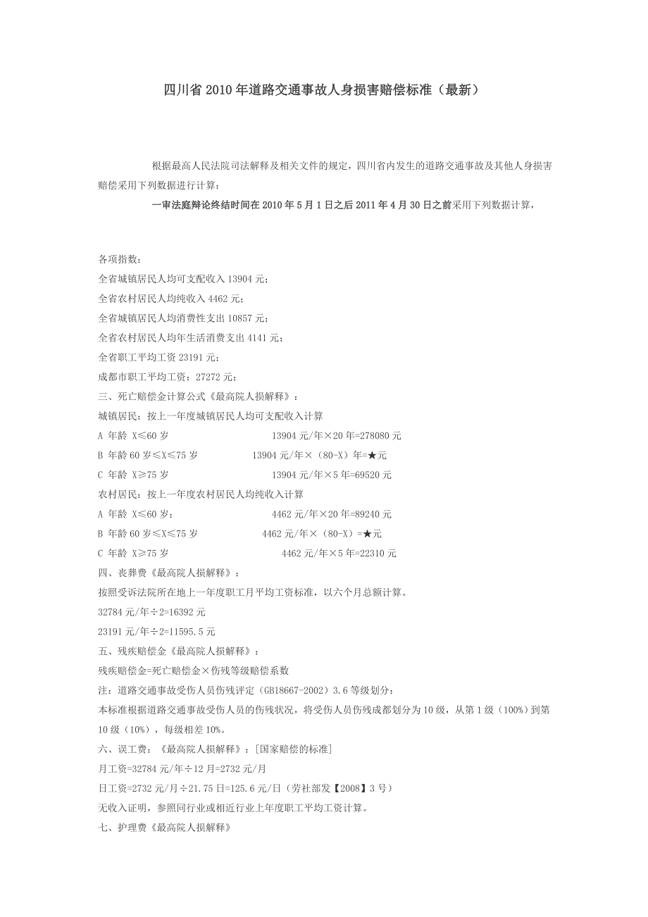 四川省2010年道路交通事故人身损害赔偿标准(最新)_第1页