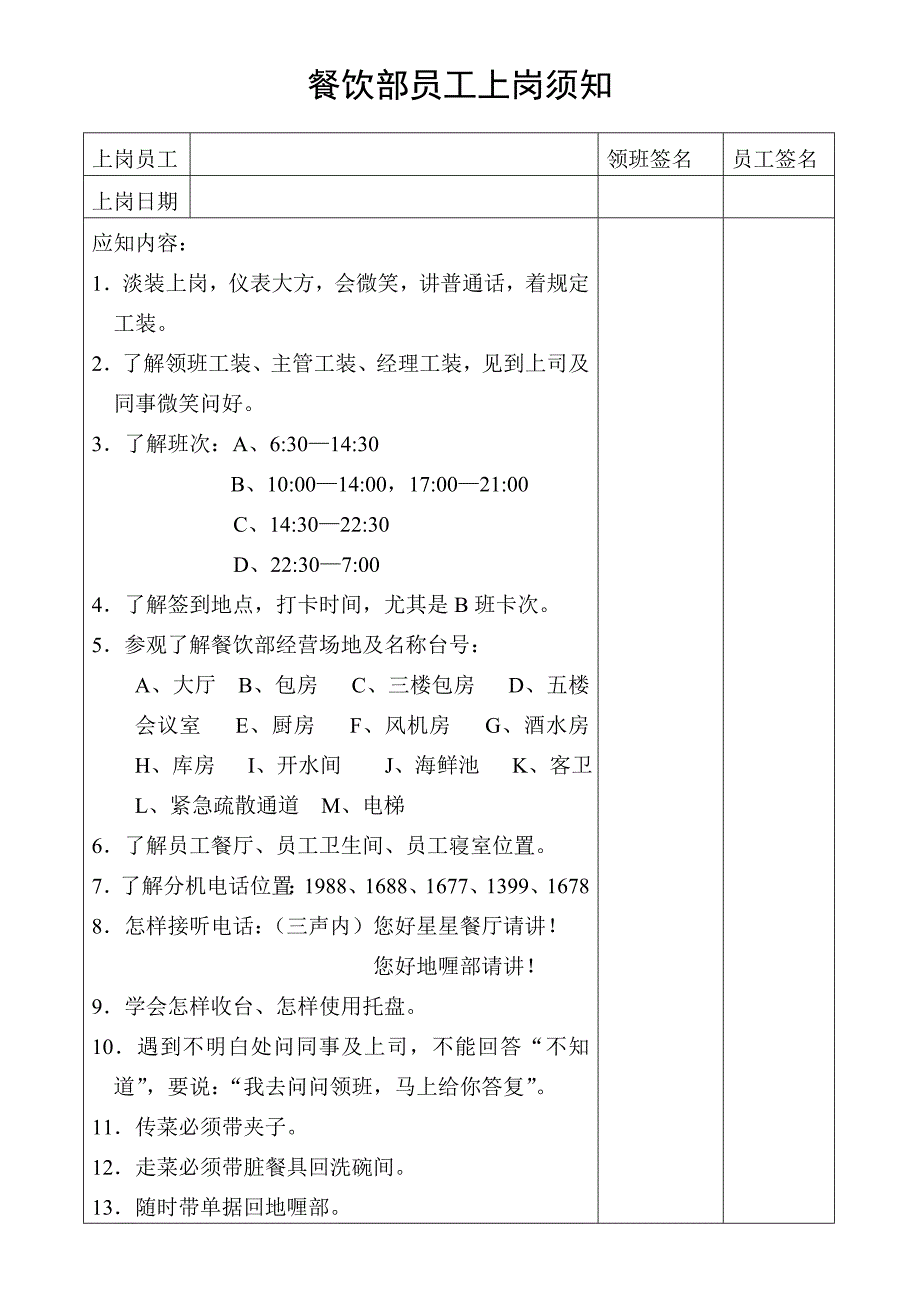 餐饮部员工上岗须知_第1页