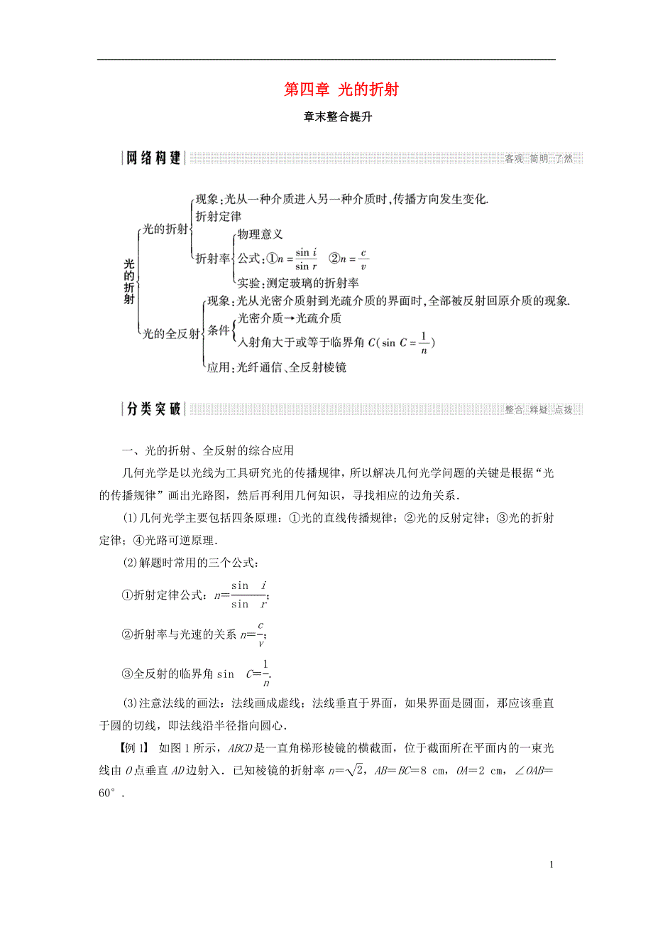 2017_2018学年高中物理第四章光的折射章末整合提升学案教科版选修_第1页