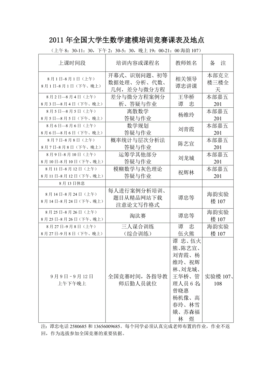 全国大学生数学建模培训竞赛课表及地点_第1页