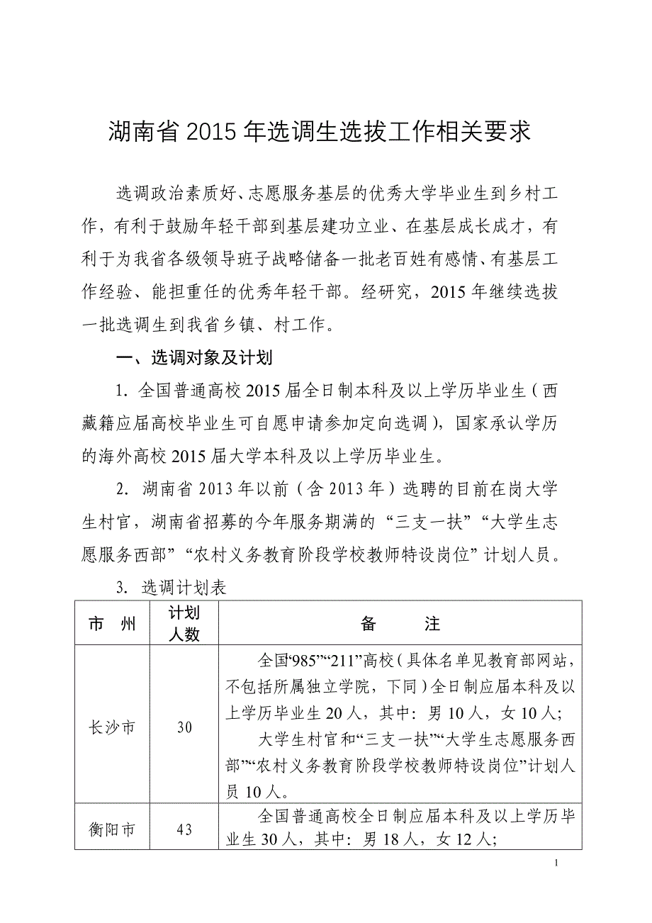 湖南省选调生选拔工作相关要求_第1页