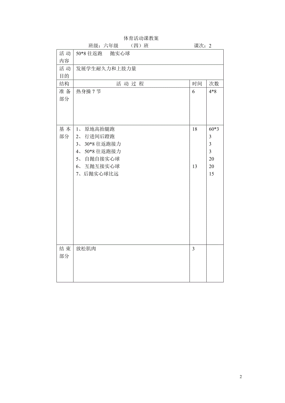 -六年级(4)班一学期体育活动课教案_第2页