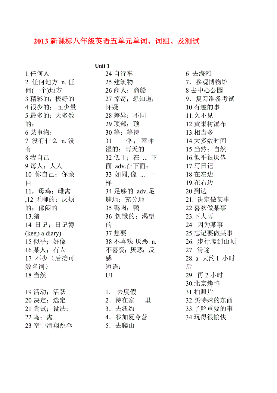 新课标八年级英语上五单元单词、词组、及测试(可以打印)_第1页